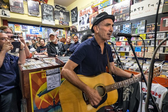 Paul Kelly performs with Vika and Linda at Greville Records as part of World Record Day celebrations on April 18, 2015 in Melbourne, Australia.