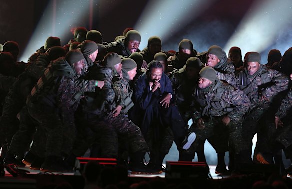 Kendrick Lamar performs onstage to open the 60th annual Grammy Awards.