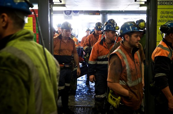 Springvale mine workers prepare to go underground at the start of their shift.