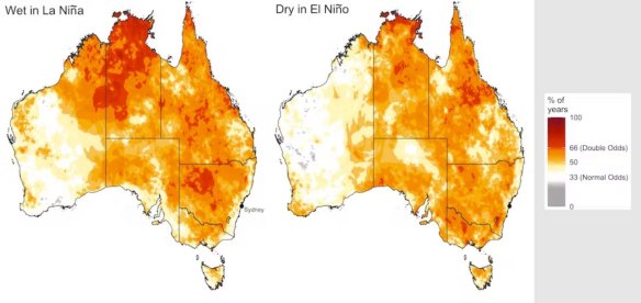 Shades in darker orange show areas where spring rainfall was strongly influenced by El Niño and La Niña, according to Tozer’s research. For Sydney and much of NSW’s coast, the effect was weak. 