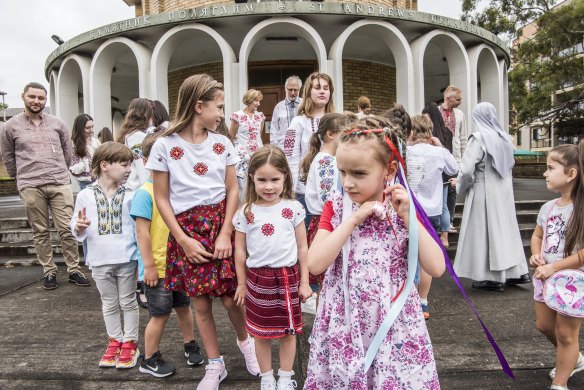 Children outside St Andrew’s Ukrainian Catholic Church in Lidcombe.