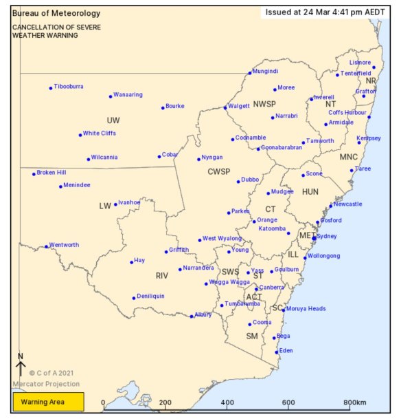 The Bureau of Meteorology on Wednesday afternoon said severe weather is no longer occurring in NSW and the ACT. 