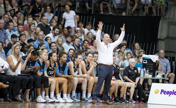 Canberra Capitals coach Paul Goriss reacts after Kelsey Griffin is judged to have committed a personal foul. 