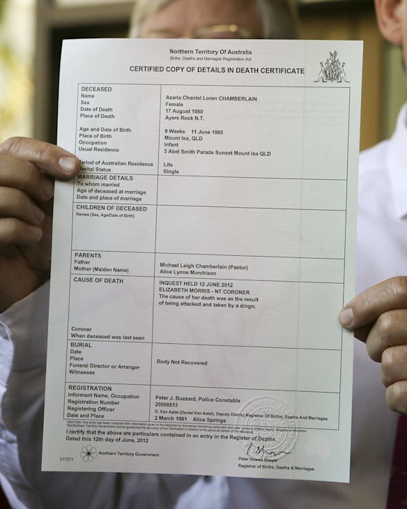 The ammended death certificate of Azaria Chamberlain who dissapeared in 1982, cause of death by Dingo.Pic Glenn Campbell