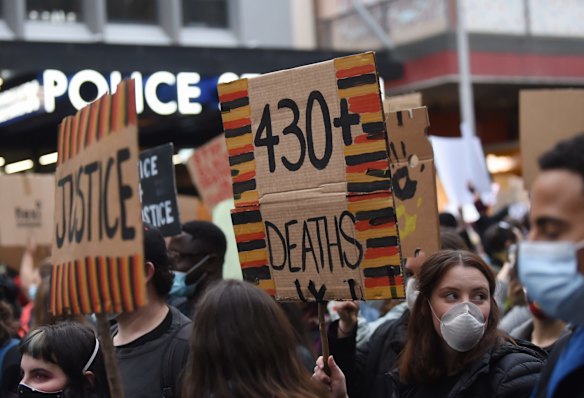 Black Lives Matter rally in Melbourne to protest Aboriginal deaths in custody and in support of George Floyd.