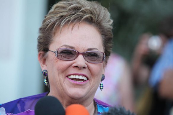 Lindy Chamberlain- Creighton , The mother of 9 week old Azaria, leaves Darwin Magistrates  court after the 4th inquest where her daughter Azaria's death was found to be caused by a Dingo at Uluru in 1982.