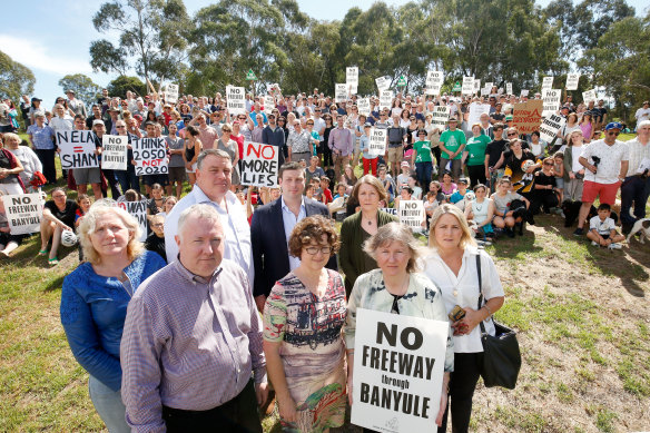 Protesters opposed to the North East Link gather in a threatened Balwyn park last year.