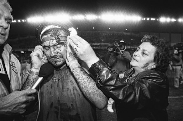Barbara Elias with her son, Benny, after a 14-6 NSW victory over Queensland in 1992.