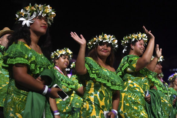 Athletes from the Cook Islands are seen during the Opening Ceremony of the XXI Commonwealth Games at Carrara Stadium, on the Gold Coast, Wednesday, April 4, 2018.
