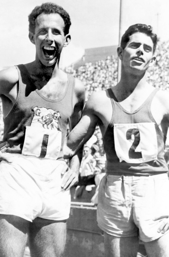 A happy John Landy, despite running second to Jim Bailey (right) in Los Angeles in 1956.