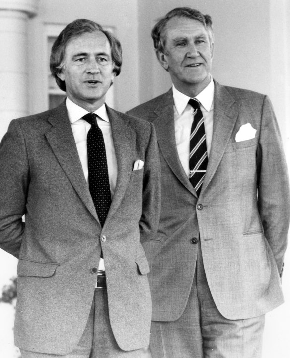 Andrew Peacock with Australian Prime Minister Malcolm Fraser at Government House Canberra for Mr Peacock’s swearing-in. October 11, 1982.