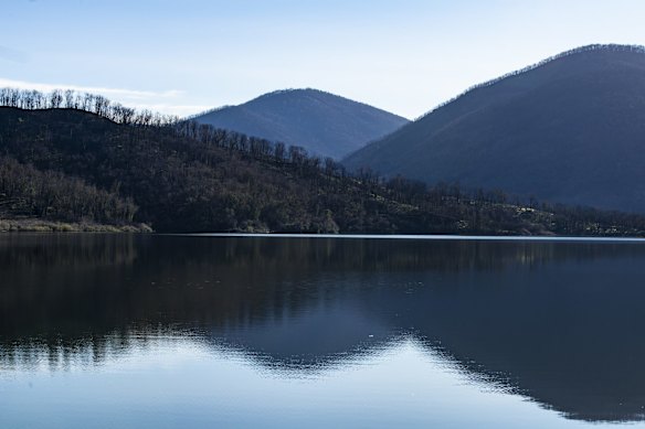 Bowering Dam with Bogong Peaks with burnt treeline seen on right.  The peaks derived their name from an Aboriginal word meaning 'high plains'.
