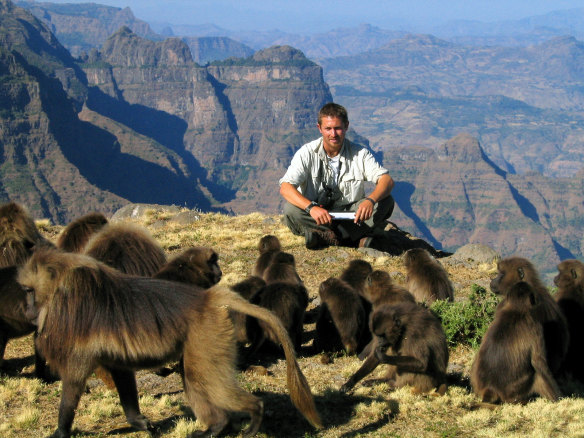 Chadden Hunter in Ethiopia in the early 2000s with gelada baboons. 