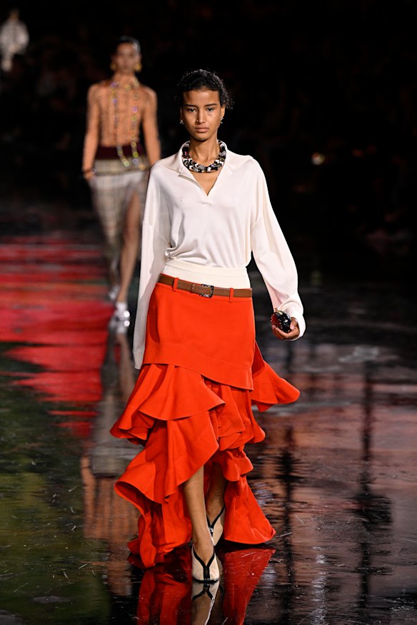 Coral on the Chanel runway at Paris Fashion Week.