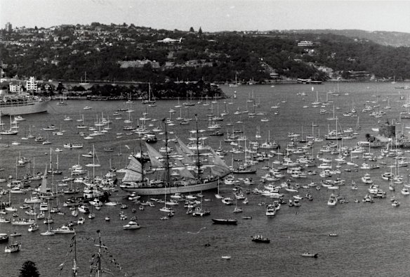 Tall ships fill Sydney Harbour on Bicentennial Celebrations, Australia Day, 1988.