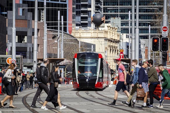 The Sydney Light Rail travels down George Street  during daylight hours for the first time on wednesday. 