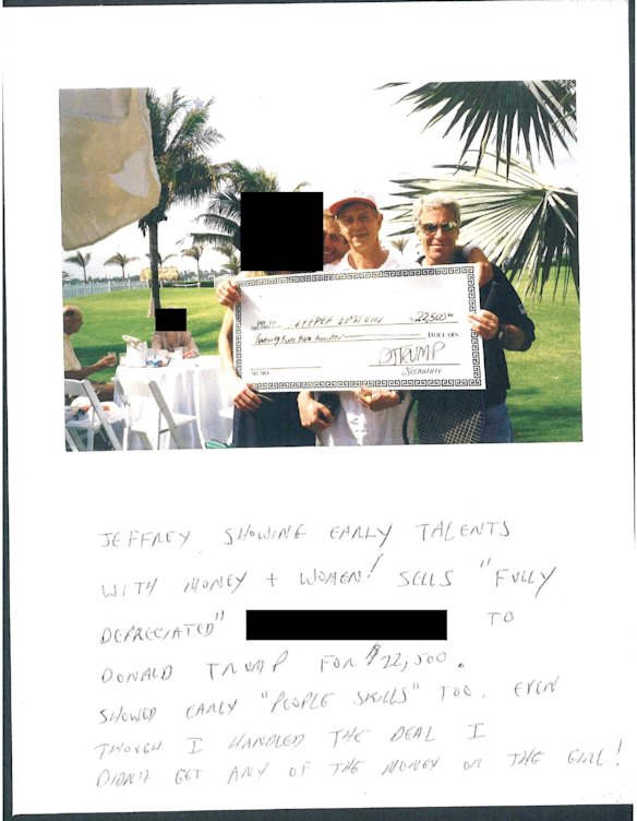 Democrats on the House oversight committee released a second page purportedly from the Jeffrey Epstein “birthday book” that showed the disgraced financier posing with a novelty cheque apparently signed by a “DJ TRUMP”.