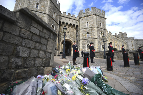 Flowers left outside Windsor Castle following the death of Prince Philip. 