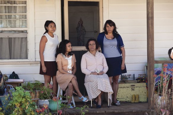 From left: Julie (Jessica Mauboy), Cynthia (Miranda Tapsell), Geraldine (Kylie Belling) and Gail (Deborah Mailman) in a scene from Wayne Blair's The Sapphires. 