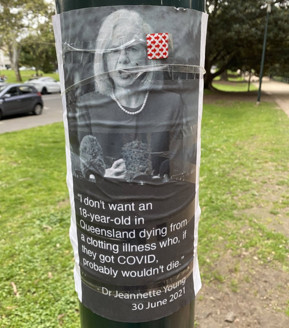 The image of Dr Jeannette Young and a quote from one of her media conferences earlier this year has been used in an anti-vax campaign in Melbourne.