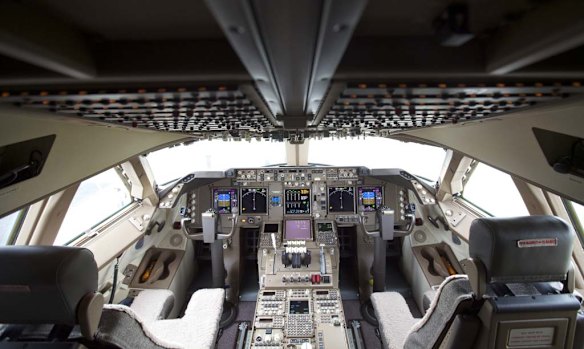 The flight deck of the Boeing 747-8 Intercontinental airliner.