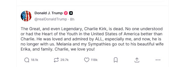 Donald Trump anuncia a morte de Charlie Kirk sobre a verdade social.