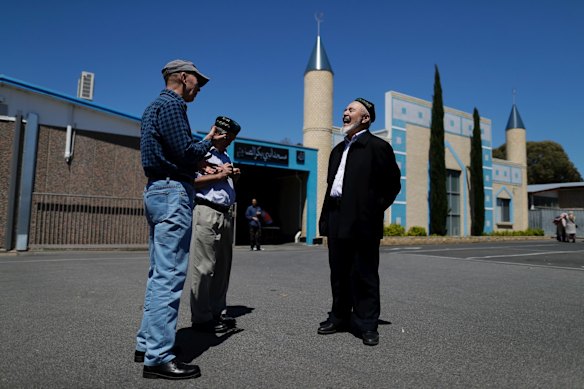 Men from the Uighur community greet each other after Friday prayers at a mosque in Adelaide. China’s crackdown against Muslim minorities is aimed to socially engineer their identity to make them more loyal to the CCP, says Maya Wang, senior China researcher for Human Rights Watch.