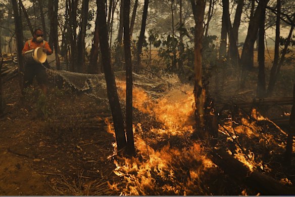 Oakdale residents defend their property as the bushfire approaches, in Oakdale, NSW.