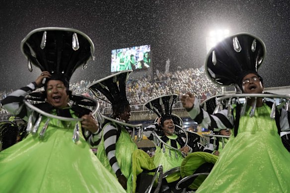 Drum queen Quiteria Chagas from the Imperio Serrano samba school performs during Carnival celebrations at the Sambadrome in Rio de Janeiro.