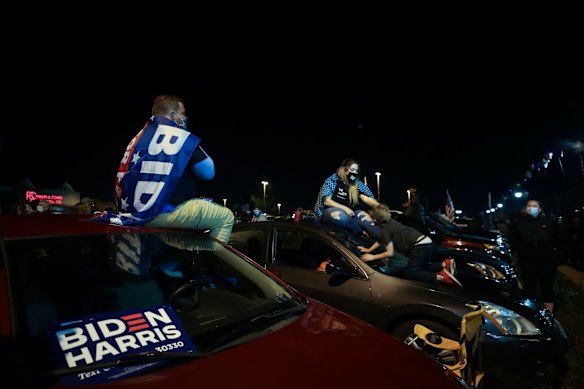 Biden supporters gather and await the Chase Center for the election results where Joe Biden's home town is in Wilmington in Delaware.