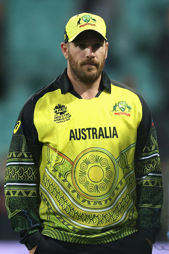 Aaron Finch looks on after his side’s 89-run defeat. 