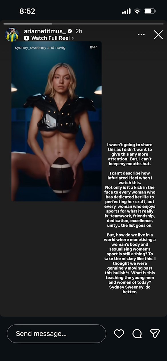 Ariarne Titmus’ Instagram response to  the Sydney Sweeney advertising campaign.