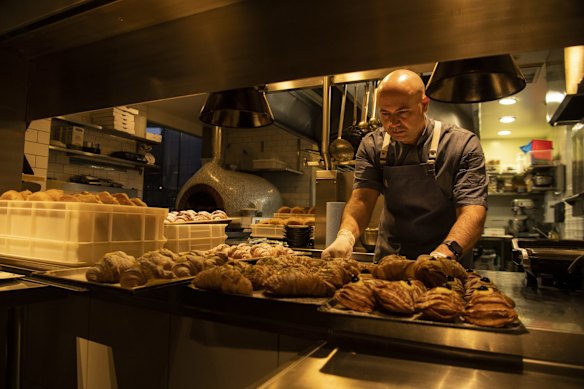 Marta owner and chef Flavio Carnevale bakes in his kitchen. He has been getting up at 2am every morning during lockdown to bake Roman pastries for his restaurant's takeaway offerings.