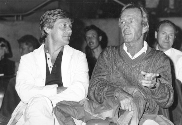 Paul Hogan and his manager John Cornell at a Jeff Fenech fight 2nd December 1985. 
