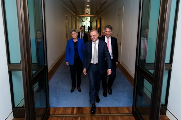 Anthony Albanese heads towards his first press conference as prime minister, flanked by new Deputy Prime Minister Richard Marles, new Foreign Affairs Minister Penny Wong, new Finance Minister Katy Gallagher and new Treasurer Jim Chalmers.