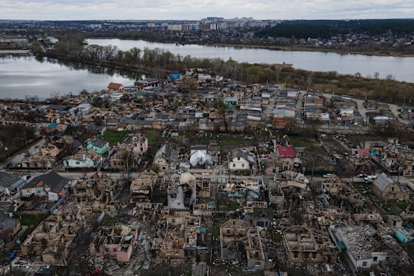 Destroyed houses in Irpin, Ukraine.