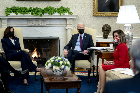 US President Joe Biden with Kamala Harris and Nancy Pelosi.