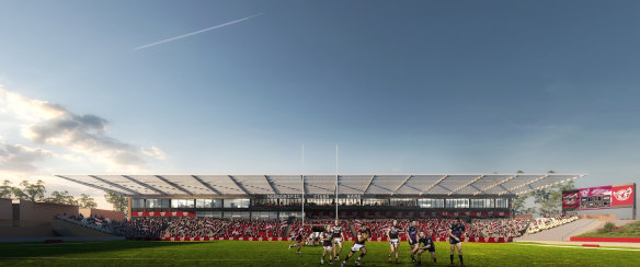 An artist's impressions of what a redeveloped Lottoland Oval will look like after construction commenced on Manly Sea Eagles' $33 million centre of excellence and northern grandstand.
