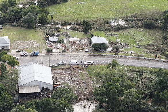 Aerial view of Dungog, where four homes once stood at the northern end of town.