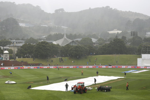 Wet Wellington: Covers are placed on the wicket.