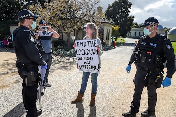 Anti Lockdown Rally Melbourne at the Shrine. Melburnians fed up with Victoria's Stage Four lockdown restrictions protest in defiance of the emergency laws.
