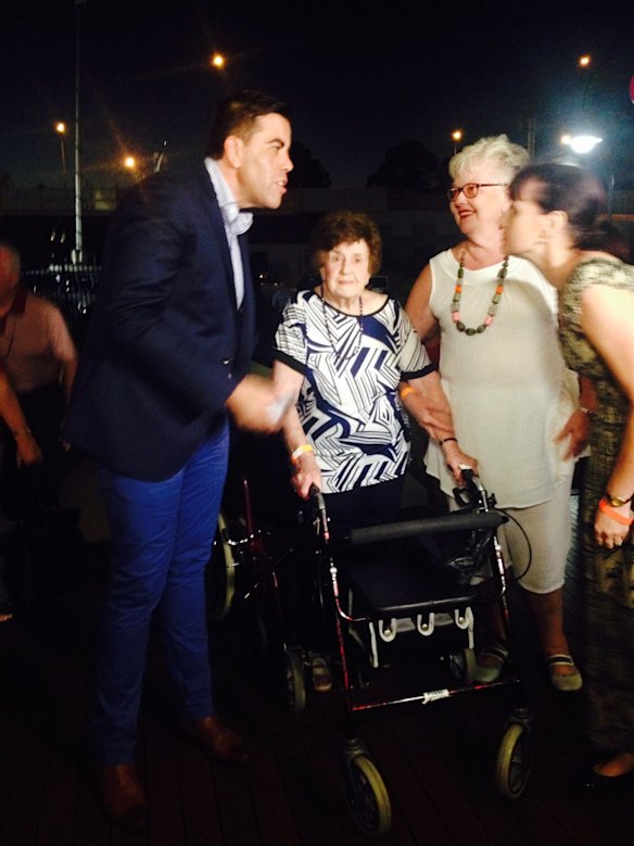 Labor leader Annastacia Palaszczuk's 90-year-old grandmother Beryl Erskine arrives to join the celebration.