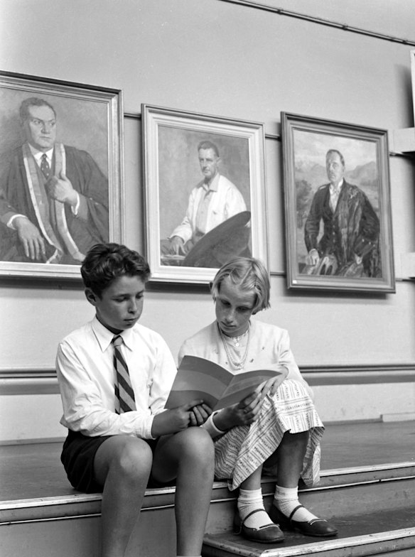 Two youngsters attend the announcement of winners for the 1959 Archibald Prize at the Art Gallery of NSW on 18 January 1960.