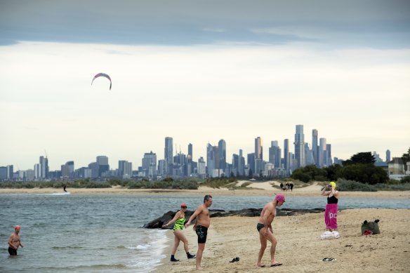 The last day of winter didn’t deter these swimmers at Brighton Beach.