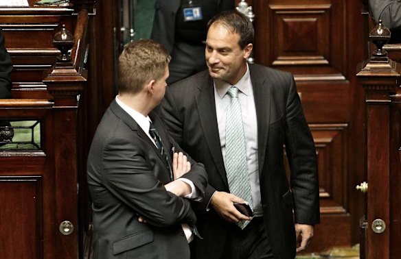 Independent MP fro Frankston Geoff Shaw in Parliament for a special comment by the speaker about his involvement in a incident with protesting taxi drivers this morning on Parliament steps. 10 October 2013.