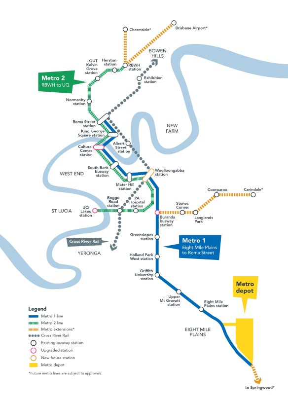 The proposed future Brisbane Metro network, including a link to the aiport.