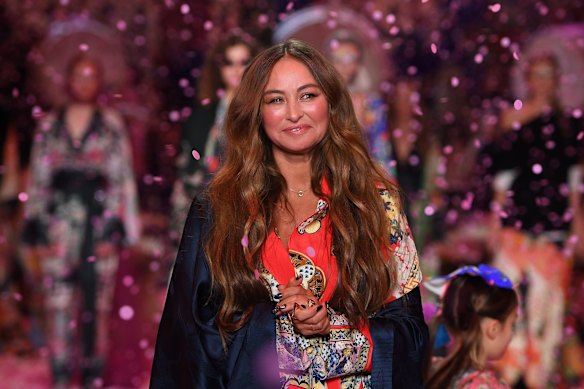 Designer Camilla Franks reacts following her Camilla fashion show.