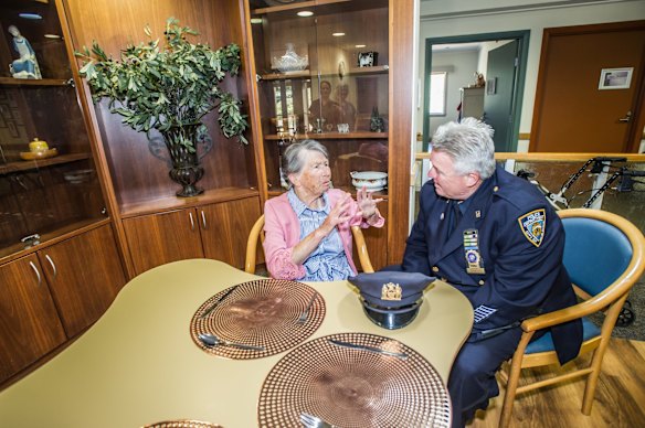 Uniting Care Mirinjani retirement village has granted a lifelong wish for resident Berenice Benson to meet a real New York city cop (something she mentions every tine she gets into the facility lift featuring a poster of the New York skyline). NYPD Detective Howard Shank was glad to accommodate. 