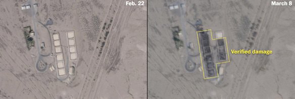 Nine fuel bladders at Ali al-Salem Air Base in Kuwait were damaged. Iran state-affiliated media released images (top) with annotations, and The Washington Post used imagery from Planet (bottom) to confirm the damage.