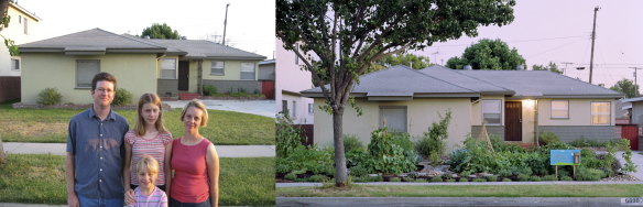 A before and after photo showing the conversion of a family home, as promoted by Fritz Haeg in his book, Edible Estates.